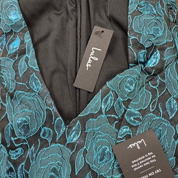 NWT Lulus Extravagant Party Shiny Teal Floral Jacquard Bodycon Dress - Picture 6 of 8